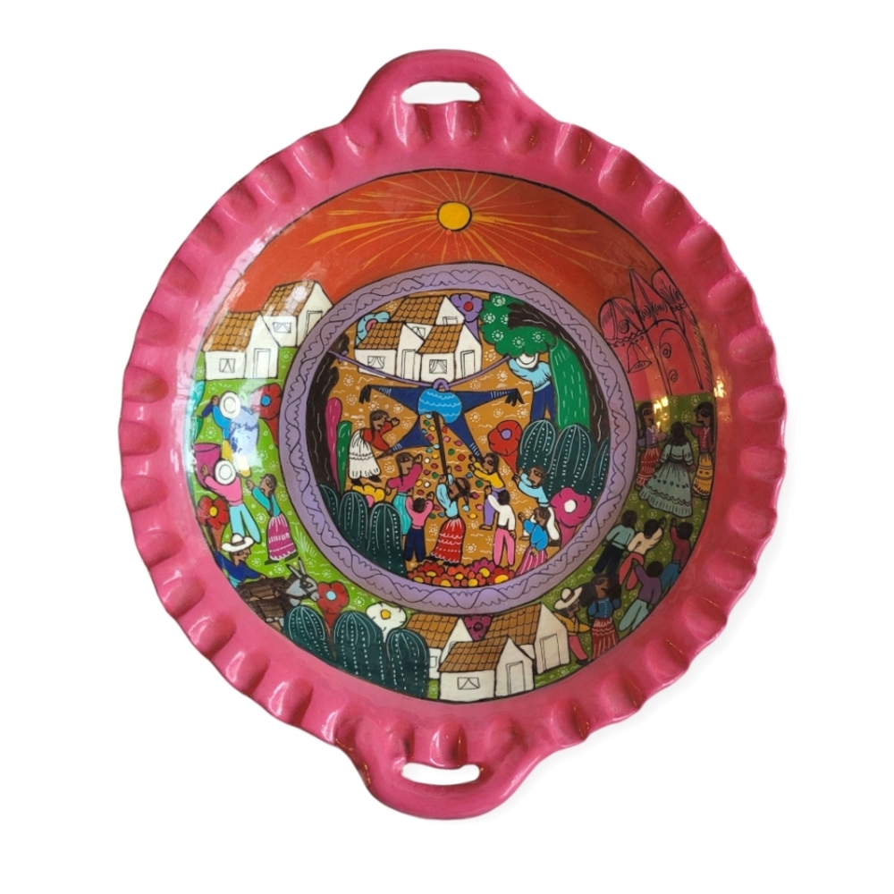 Mexican Pottery Decorative Large Hand Painted Plate Vibrant Pink